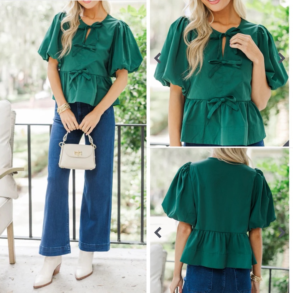 NWT Entro Babydoll Bow Top Hunter Green Puffed Sleeve Small